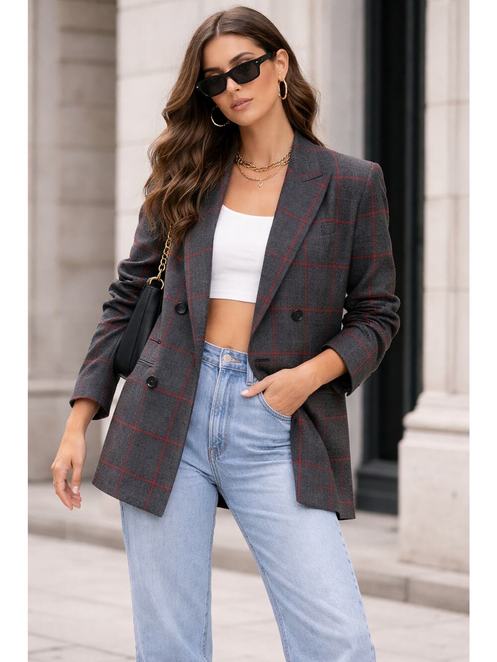 JH Collectibles Vintage Wool Plaid Double Breasted Blazer Jacket Grey Womens 6